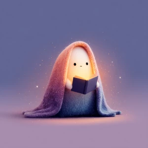 a cute ghost reading a book under a blanket, cozy soft lighting,...