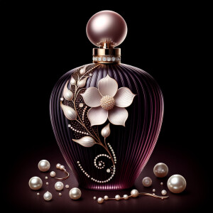 Create an image of a sophisticated perfume bottle that is designed to resemble the silhouette of a woman's figure. The glass of the bottle should be a deep, dark purple, evoking a sense of mystery and luxury. Adorning this unique bottle, there should be a pattern of a single, intricate white and soft pink flower, with a string of pearls that gracefully follows the curves of the bottle's form. The neck of the bottle, slim and elegant, is encircled by a band of gold inlaid with tiny sparkling diamonds, leading up to a large, lustrous pearl that serves as the bottle's cap. Include additional details such as scattered pearls, a petal, and a golden twig with a single pearl on the maroon surface around the bottle, all of which reinforce the sophisticated and luxurious theme. The perfume bottle is a signature piece for a person named Karen, reflecting her refined and elegant taste.