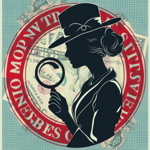 white background gray female silhouette with detective hat holdi...