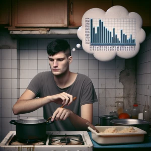 Young man cooking over a dirty stove in a nasty kitchen,  above...