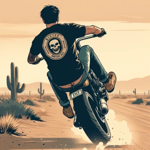 Draw a biker with the vogos logo on the back of his cut. Show hi...