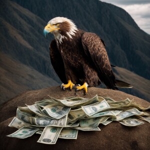 An eagle holding money