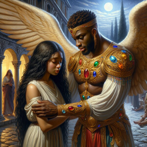 Create an oil painting image featuring a male angel and a grievi...