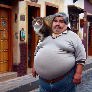 A fat cat lay on his owner’s back, and his fat body covered his...