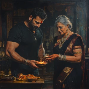 (Realism art),a man (muscular beefy ,sweaty criminal)celebrating...