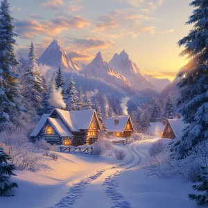 Create an image of a magical winter landscape: a snow-covered vi...
