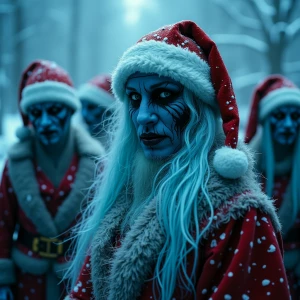 Create an image of a sinister Mrs. Claus dressed in a tattered a...