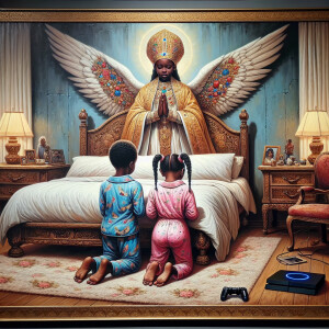An oil painting of two African-American children with dark skin,...