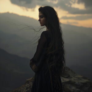 Fair-skinned woman with dark long hair, elegant and composed, st...