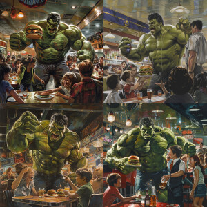 Hulk scaring off a waiter in a packed diner, with kids screaming...