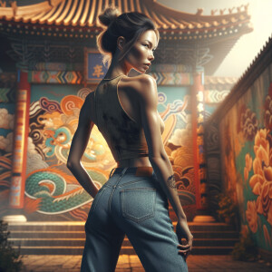 Athletic Thin skinny Attractive, Asian teenage girl, long brown hair and bangs, wearing tight skinny jeans and a halter top paint marks on her clothing, heroic pose Asian graffiti background, backside view