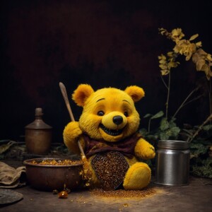 disney-esque zombified winnie the pooh with weathered leathery e...