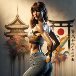 Athletic Thin skinny Attractive, Asian teenage girl, long brown hair and bangs, wearing tight skinny jeans and a halter top paint marks on her clothing, heroic pose Asian graffiti background, backside view