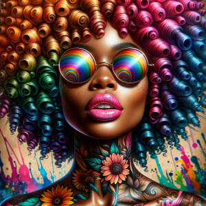 African American woman tan skin tone with wavy rainbow Afro coils, flower tattoos, full lips, rainbow nails, pink lips, round eye rainbow shades, ink wash art, colorful graffiti background contrast colors   intricate details alcohol ink