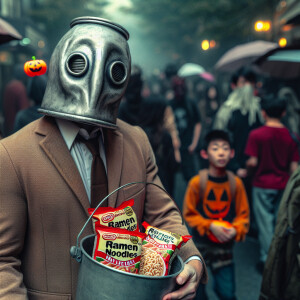 A man wearing a upside down milk jug as a holloween mask his han...