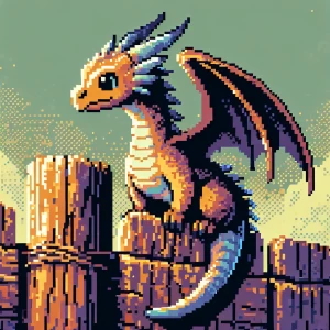 A small dragon perched on a wooden fence post, its scales shimmering faintly in the morning light.