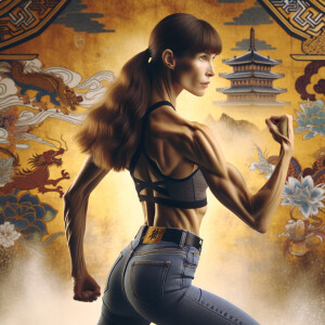 Athletic Thin skinny Attractive, Asian teenage girl, long brown hair and bangs, wearing tight skinny jeans and a halter top paint marks on her clothing, heroic pose Asian graffiti background, backside view