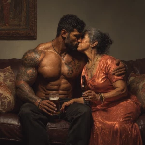 Realism,  painting.a muscular beefy sweaty tattoed indian man si...