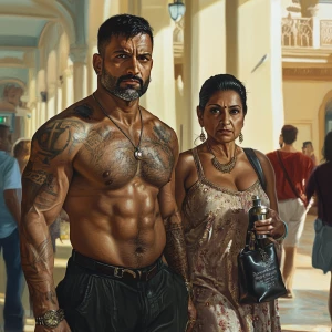 photorealism,fantasy,A sweaty tattoed muscular man walking with...