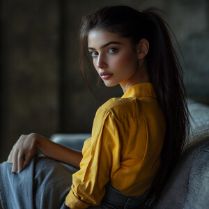 Capture the elegance of a fair-skinned woman with dark long hair...