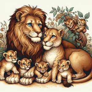 Male and female lions cuddling, with four cubs; one cub has blue...