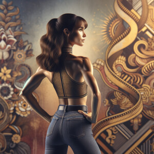 Athletic Thin skinny Attractive, Asian teenage girl, long brown hair and bangs, wearing tight skinny jeans and a halter top paint marks on her clothing, heroic pose Asian graffiti background, rear view