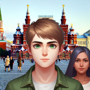 Создай персонажа с карие-зелеными глазами, на заднем фоне Красна...