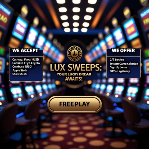 Create an online casino-themed graphic. Background: a blur of sp...