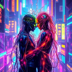 In the pulsating neon haze of a futuristic cityscape, two figure...