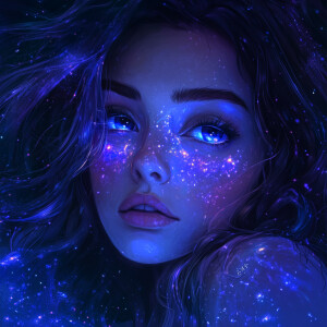 “A realistic vector portrait of a woman with bioluminescent tatt...