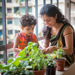 A modern young brown indian mother having a small herb garden wi...