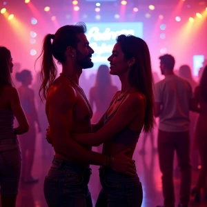 Generate an image of a stylish couple dancing at a neon-lit part...