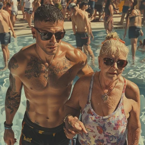 Realistic art 1:1 ,a pool party new york summer resort,a muscula...