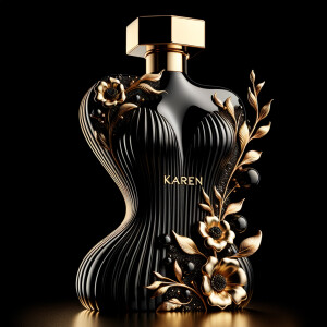 Design, a black and gold perfume bottle in the shape of a woman’s body with flowers and the name Karen