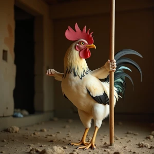 An anthropomorphic hen performing a pole dance inside a coop, mi...