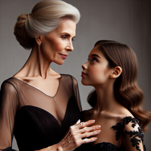 A tall older woman in a black dress gazing deeply into a shorter...