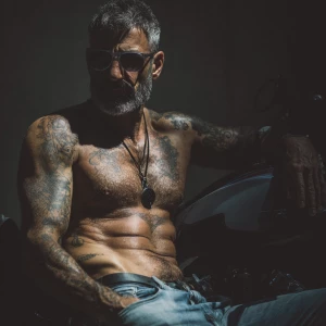 An imposing figure with a chiseled physique reclines confidently...