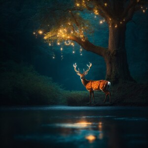 beautiful and enchanting scene, a majestic deer glowing in the d...