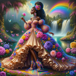 Remix Prompt
S/O Jackie Torres
S/O Panda Locke

create a animated style hyper realistic airbrush whimsical oil painting of a light African American woman wearing a flawless beautiful purple, pink, and gold blossom dress long flowing with colorful flowers and ruffles on the dress colorful jewelry made of flowers she has long black dreadlocks in a bun a colorful rose in her hair her peep toe shoes is matching her dress behind her is a beautiful waterfall liquid glowing lights beautiful colorful rainbow surrounded by beautiful roses.