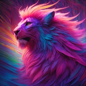 A mesmerizing manticore, its body a blend of neon pinks and shim...