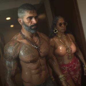 Hyperrealism,.a gujarati muscular beefy bearded tattoed sweaty s...