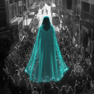 A crowd huddles on the monochrome street, their attention fixed...