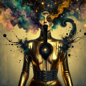 glitch watercolor digital art. gold acrylic painting of an urban...