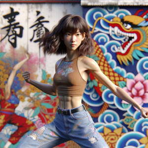 Athletic Thin skinny Attractive, Asian teenage girl, long brown hair and bangs, wearing tight skinny jeans and a halter top paint marks on her clothing, heroic pose Asian graffiti background