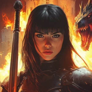 Create an image with a castle and dragon breathing fire in the background. Show a female knight with a sword in a heroic pose. They have long, straight black hair that frames their face, with bangs across the forehead. Their eyes are dark and expressive, accentuated with what appears to be eyeliner and possibly eyeshadow. The eyebrows are well-defined and arched.

The person has a warm, friendly smile that creates slight dimples in their cheeks. Their skin tone appears to be fair to medium. The nose is straight and proportionate to the face, and the lips are full. They are dressed in mid evil armor, and are holding up a shield to protect themselves from the flames the dragon is breathing out. They appear to be fighting the dragon.