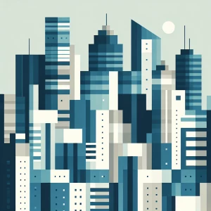 A minimal city skyline composed of stacked rectangles and triangles, each building in a different shade of blue and grey