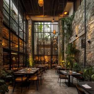 Double height ceiling
open restaurant with big stone walls and t...