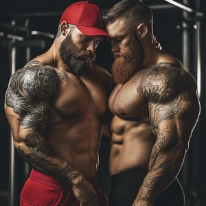 Two muscular men are embracing in a gym setting. One has a thick...