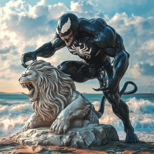 A dynamic 3D scene featuring Venom, the superhero, skillfully cr...