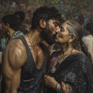 Hyperrealism photo painting. a muscular, sweaty criminal kashmir...
